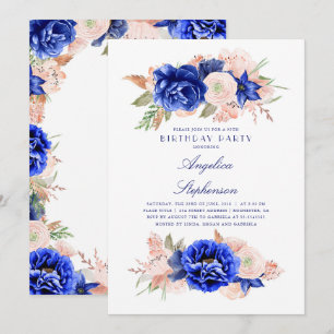 Navy and Pink Floral Elegant Birthday Party Invitation