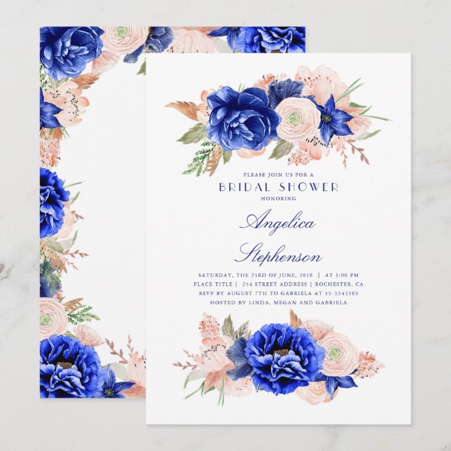 Navy and Pink Floral Elegant Bridal Shower Invitation (Front/Back)