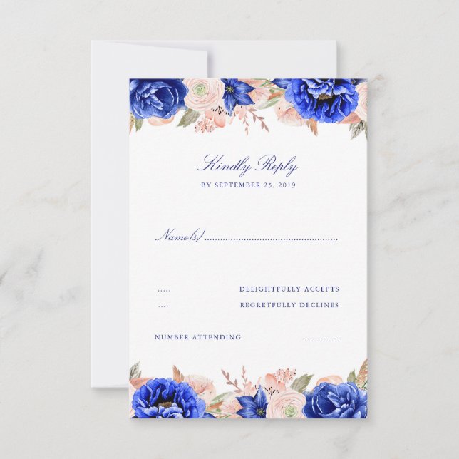 Navy and Pink Floral Wedding RSVP Card (Front)
