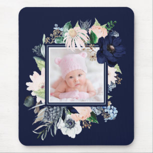 Navy and Pink Floral with Photo   Dark Blue Mouse Mat