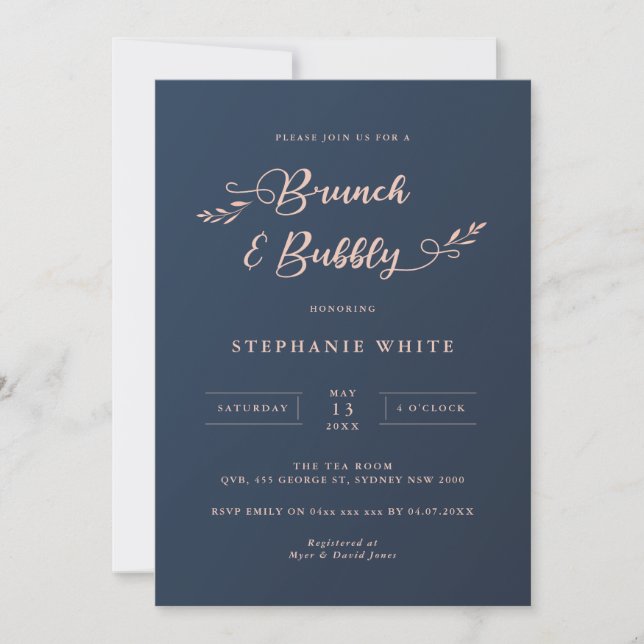 Navy and Pink Foliage Brunch & Bubbly Invitation (Front)