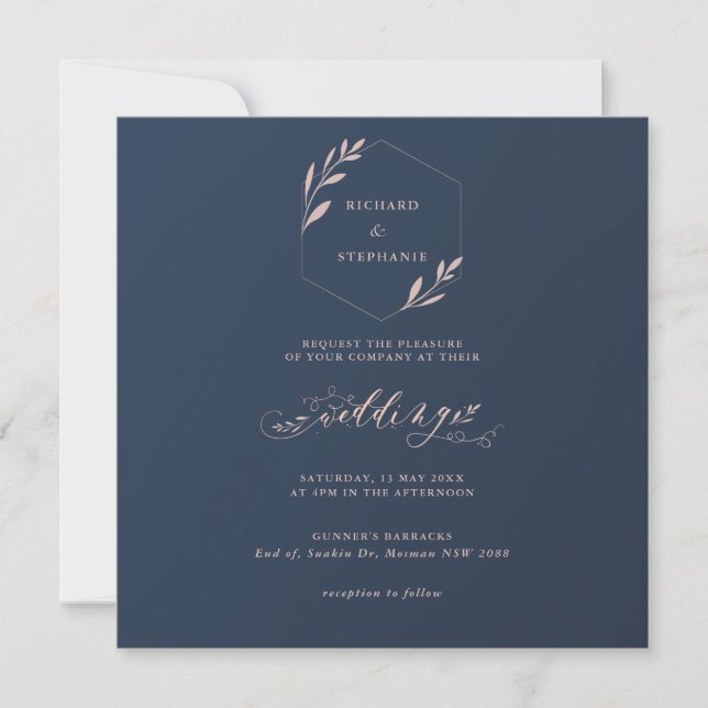 Navy and Pink Foliage Square Wedding Invitation (Front)