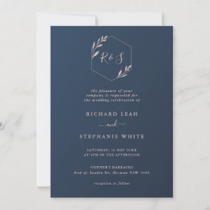 Navy and Pink Geometric Foliage Wedding Invitation