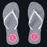 Navy and Pink Greek Key Monogram Flip Flops<br><div class="desc">Custom printed flip flop sandals with a stylish modern Greek key pattern and your custom monogram or other text in a circle frame. Click Customise It to change text fonts and colours or add your own images to create a unique one of a kind design!</div>