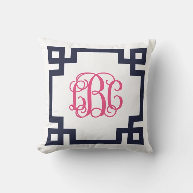 Navy and Pink Greek Key Script Monogram LBC Cushion (Front)