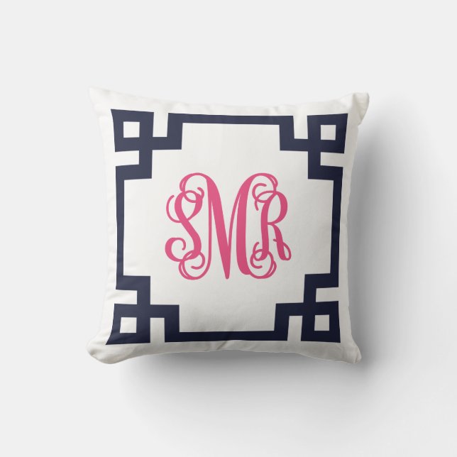 Navy and Pink Greek Key Script Monogram - SMR Cushion (Front)