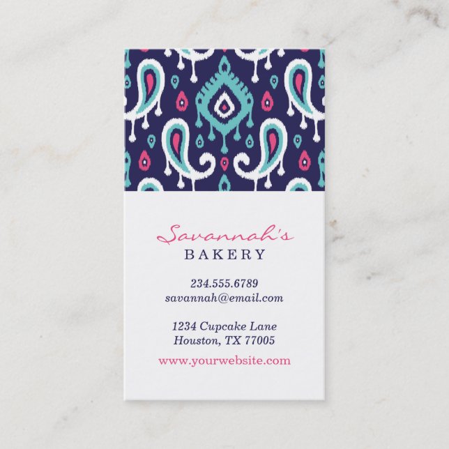 Navy and Pink Ikat Paisley Business Cards (Front)