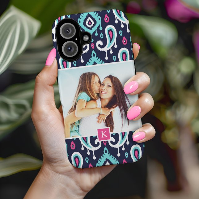 Navy and Pink Ikat Paisley Custom Photo Monogram Case-Mate iPhone Case (Creator Uploaded)