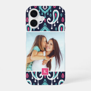 Navy and Pink Ikat Paisley Custom Photo Monogram iPhone 16 Case