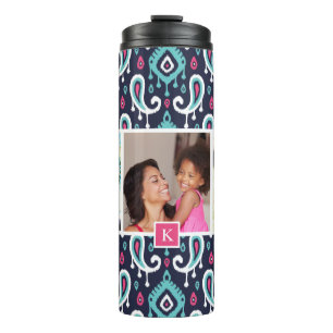Navy and Pink Ikat Paisley Custom Photo Monogram Thermal Tumbler