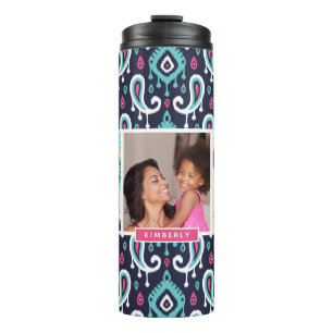 Navy and Pink Ikat Paisley Custom Photo Monogram Thermal Tumbler