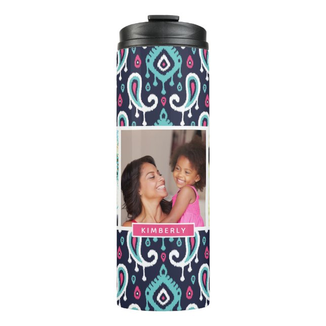 Navy and Pink Ikat Paisley Custom Photo Monogram Thermal Tumbler (Front)