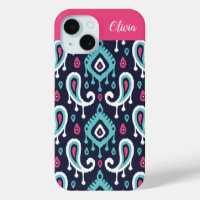 Navy and Pink Ikat Paisley Monogram