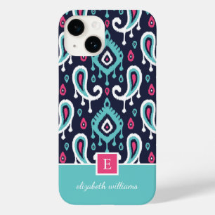 Navy and Pink Ikat Paisley Monogram Case-Mate iPhone 14 Case