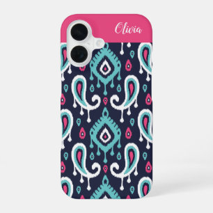 Navy and Pink Ikat Paisley Monogram iPhone 16 Case
