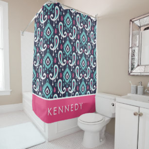 Navy and Pink Ikat Paisley Monogram Shower Curtain