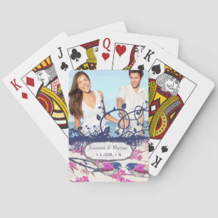 Navy and Pink Love Bird Wedding Playing Card