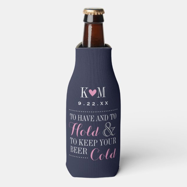 Navy and Pink Modern Wedding Monogram Bottle Cooler (Bottle Front)