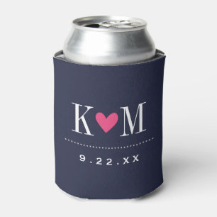 Navy and Pink Modern Wedding Monogram Can Cooler