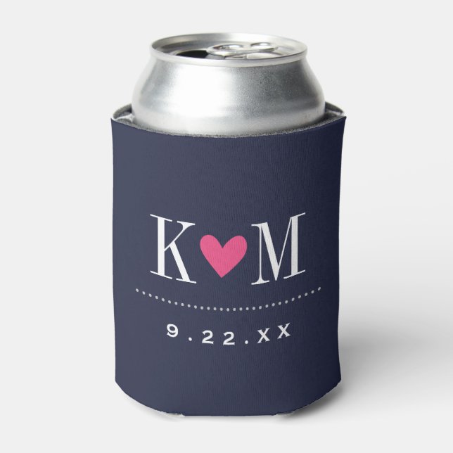 Navy and Pink Modern Wedding Monogram Can Cooler (Can Front)