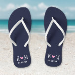 Navy and Pink Modern Wedding Monogram Flip Flops<br><div class="desc">Custom printed flip flop sandals personalised with a cute heart and your monogram initials and wedding date. Click Customise It to change text fonts and colours or add your own images to create a unique one of a kind design!</div>