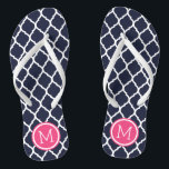Navy and Pink Moroccan Quatrefoil Monogram Flip Flops<br><div class="desc">Custom printed flip flop sandals with a stylish Moroccan quatrefoil pattern and your custom monogram or other text in a circle frame. Click Customise It to change text fonts and colours or add your own images to create a unique one of a kind design!</div>