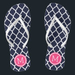 Navy and Pink Moroccan Quatrefoil Monogram Flip Flops<br><div class="desc">Custom printed flip flop sandals with a stylish Moroccan quatrefoil pattern and your custom monogram or other text in a circle frame. Click Customise It to change text fonts and colours or add your own images to create a unique one of a kind design!</div>
