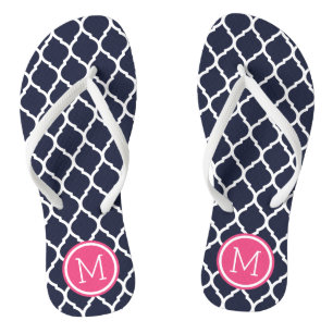 Navy and Pink Moroccan Quatrefoil Monogram Flip Flops