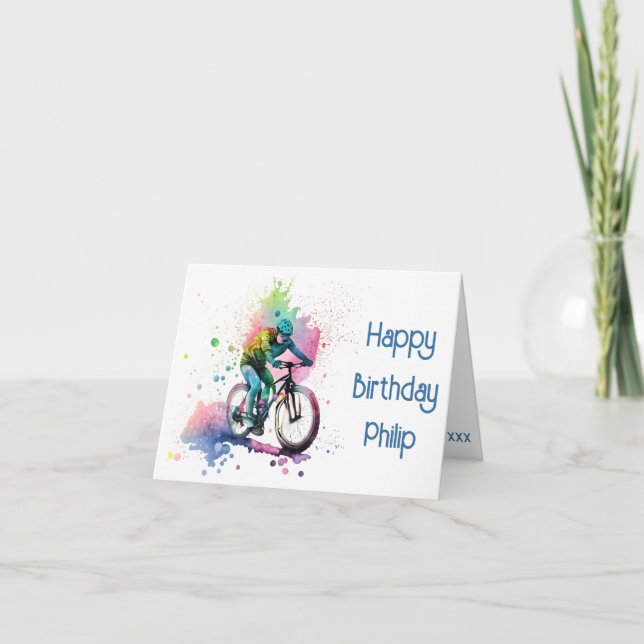 Navy and pink mtb cyclist Birthday Card (Front)