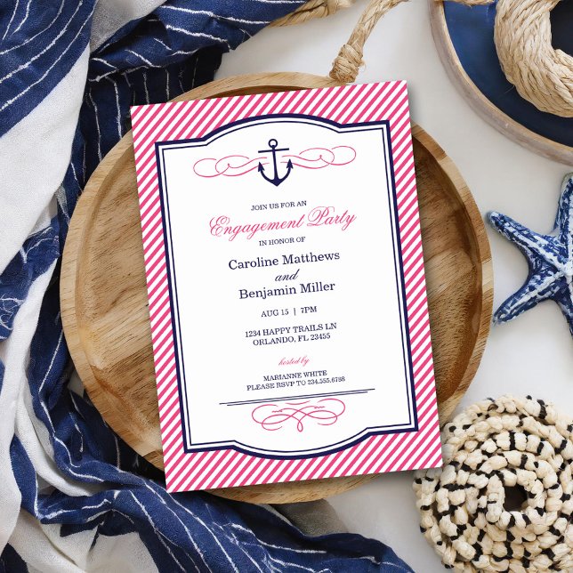 Navy and Pink Nautical Anchor Engagement Party Invitation (Creator Uploaded)