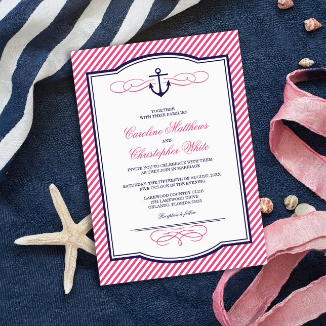 Navy and Pink Nautical Anchor Wedding Invitation (Creator Uploaded)