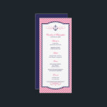 Navy and Pink Nautical Anchor Wedding Menu Card<br><div class="desc">Preppy modern wedding dinner menu card design with a nautical anchor graphic and elegant calligraphy scroll flourishes on a trendy diagonal stripe pattern background. Click the CUSTOMIZE IT button to customise fonts,  move text around and create your own unique one-of-a-kind invitation design.</div>