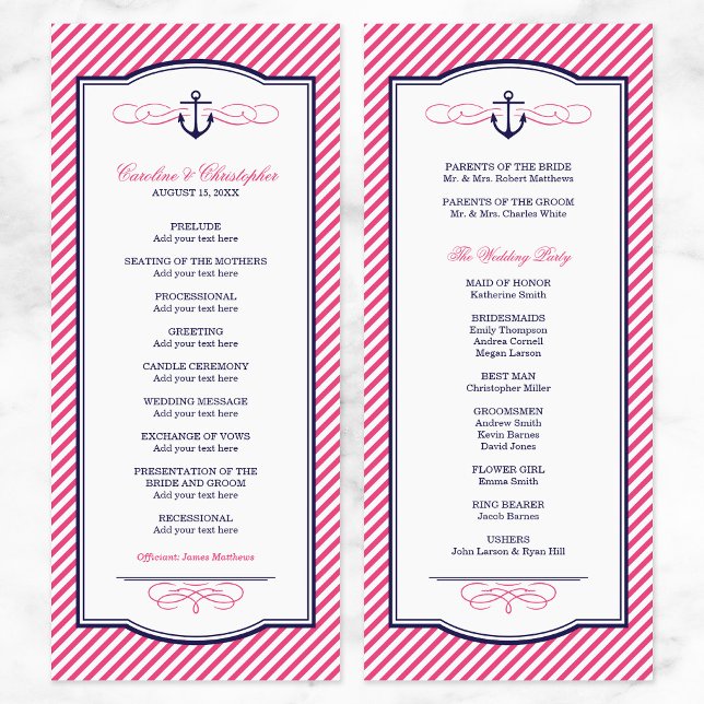 Navy and Pink Nautical Anchor Wedding Program Programme (Creator Uploaded)