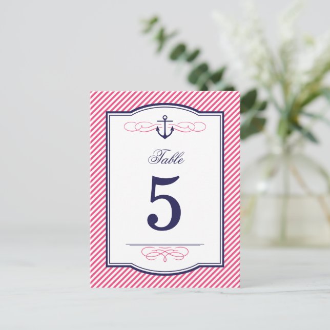 Navy and Pink Nautical Wedding Table Number Cards (Standing Front)