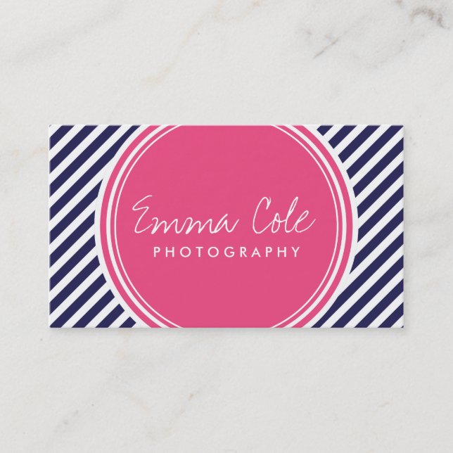 Navy and Pink Preppy Stripes Business Card (Front)