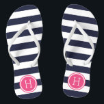 Navy and Pink Preppy Stripes Monogram Flip Flops<br><div class="desc">Custom printed flip flop sandals with a preppy nautical stripe pattern and your custom monogram or other text in a circle frame. Click Customise It to change text fonts and colours or add your own images to create a unique one of a kind design!</div>