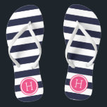 Navy and Pink Preppy Stripes Monogram Flip Flops<br><div class="desc">Custom printed flip flop sandals with a preppy nautical stripe pattern and your custom monogram or other text in a circle frame. Click Customise It to change text fonts and colours or add your own images to create a unique one of a kind design!</div>