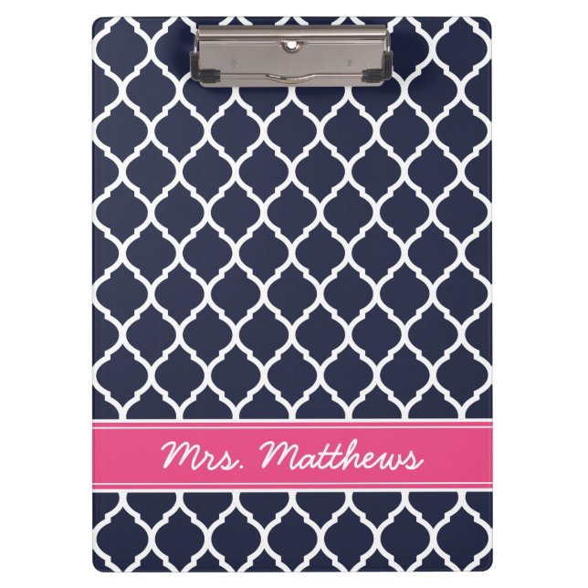 Navy and Pink Quatrefoil Custom Monogram Clipboard (Front)