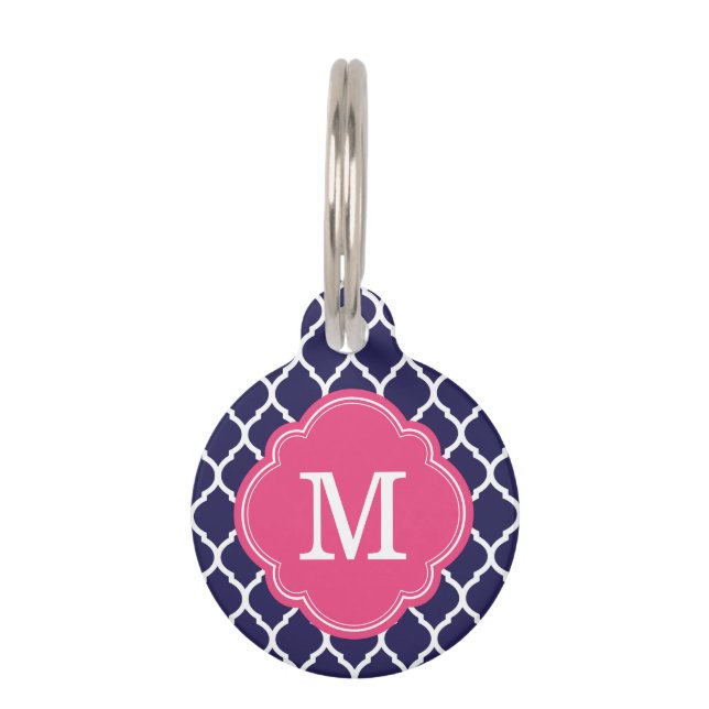 Navy and Pink Quatrefoil Monogram Pet Tag (Front)