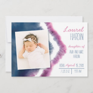 Navy and Pink Tie-Dye Birth Announcement