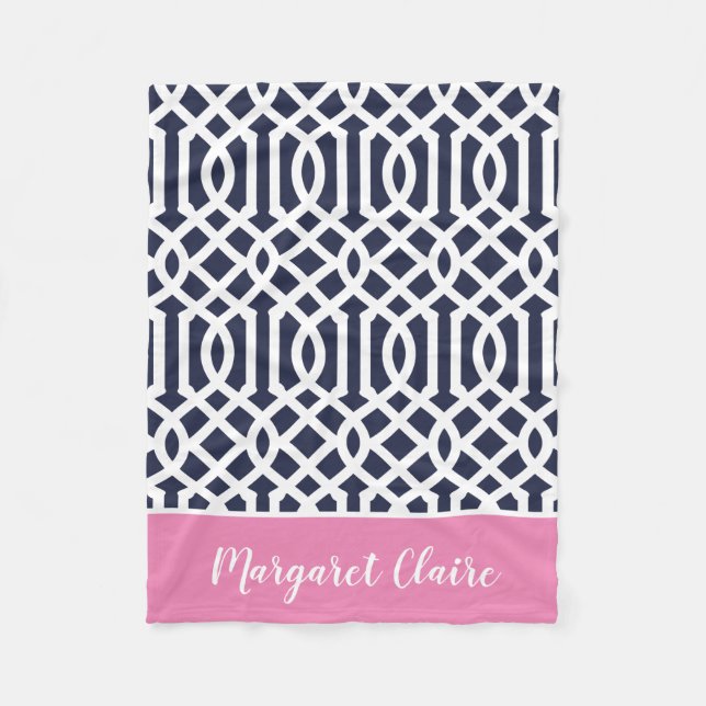 Navy and Pink Trellis Monogram | Editable Colours Fleece Blanket (Front)