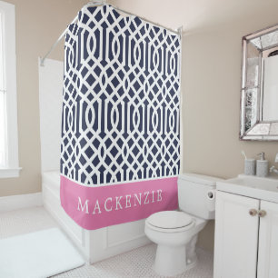 Navy and Pink Trellis Monogram   Editable Colours Shower Curtain