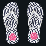 Navy and Pink Trellis Monogram Flip Flops<br><div class="desc">Custom printed flip flop sandals with a stylish modern trellis pattern and your custom monogram or other text in a circle frame. Click Customise It to change text fonts and colours or add your own images to create a unique one of a kind design!</div>