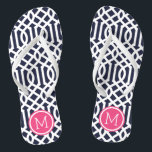 Navy and Pink Trellis Monogram Flip Flops<br><div class="desc">Custom printed flip flop sandals with a stylish modern trellis pattern and your custom monogram or other text in a circle frame. Click Customise It to change text fonts and colours or add your own images to create a unique one of a kind design!</div>