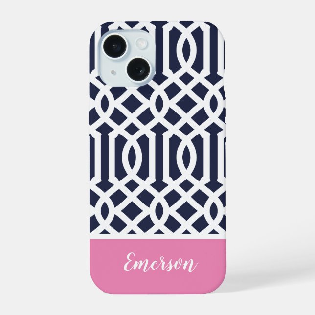 Navy and Pink Trellis Monogram iPhone 15 Case (Back)