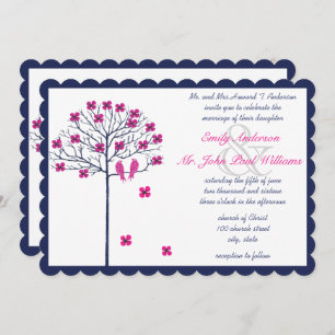 Navy and Pink Vintage Birds on Blooming Tree Invitation