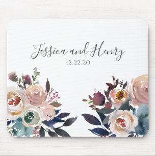 Navy and Pink Watercolor Floral Mouse Mat
