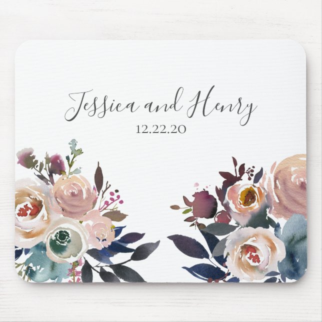 Navy and Pink Watercolor Floral Mouse Mat (Front)