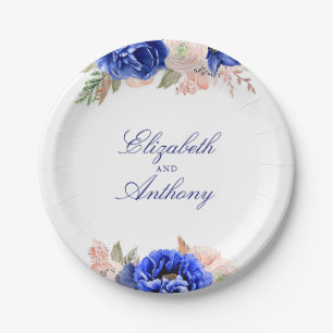 Navy and Pink Watercolor Flowers Elegant Paper Plate