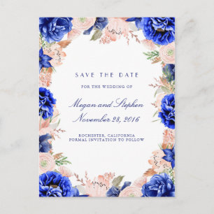 Navy and Pink Watercolor Flowers Save the Date Announcement Postcard